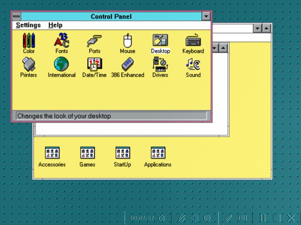 Windows 3.1 - Control Panel - Yellow and blue colour scheme
